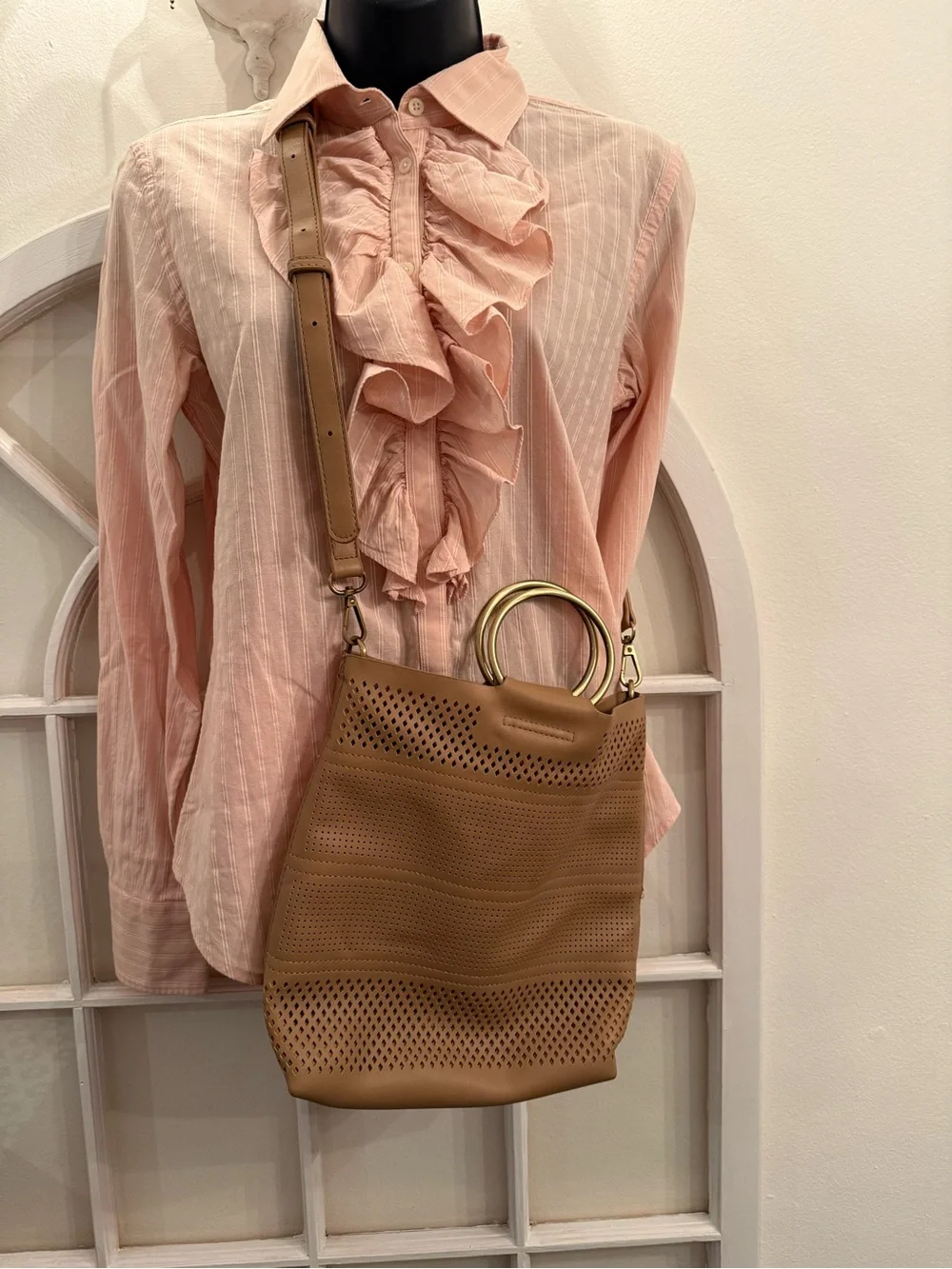 Anthropologie Boho Chic Tan Perforated Ring Handle Crossbody Vegan leather Fall